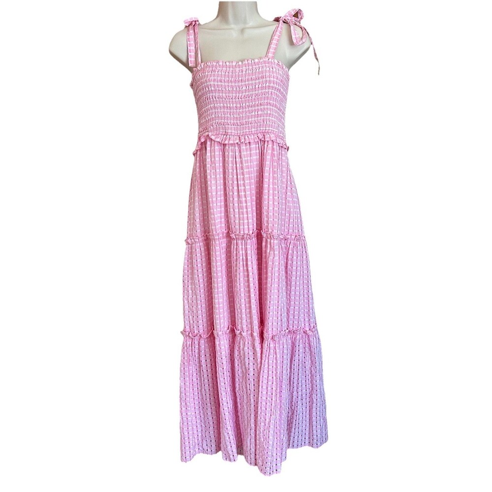 BB Dakota Steve Madden Tiered Maxi Dress Lg Pink Gingham Smocked Cottage Peasant